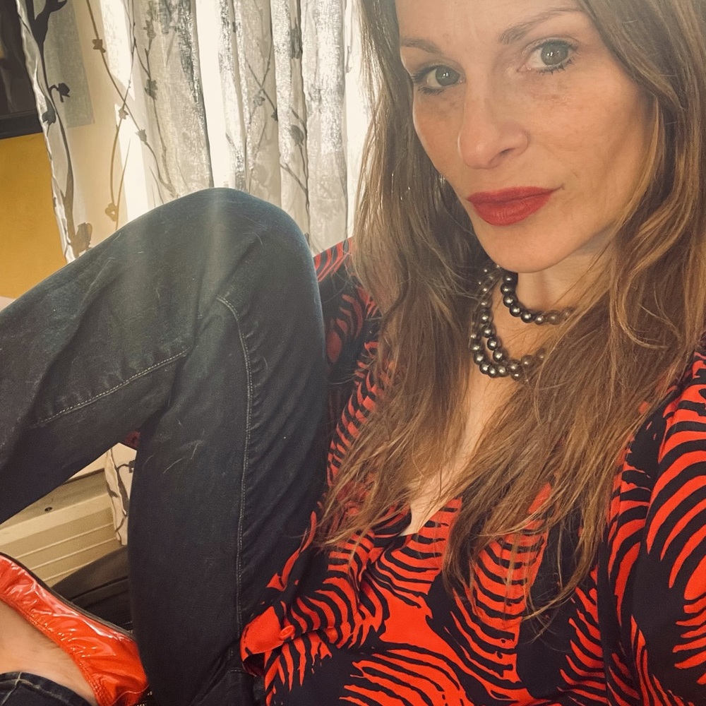The COVID remote work staple: silk blouse, beautiful necklace, and jeans!